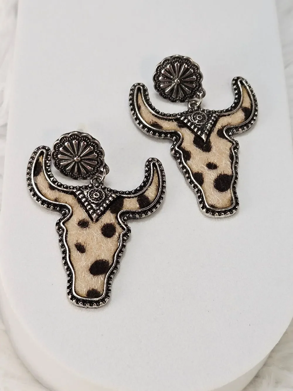 Cowhide Steer Head Earrings Silver Western Leopard Jewelry Coastal Cowgirl Glam